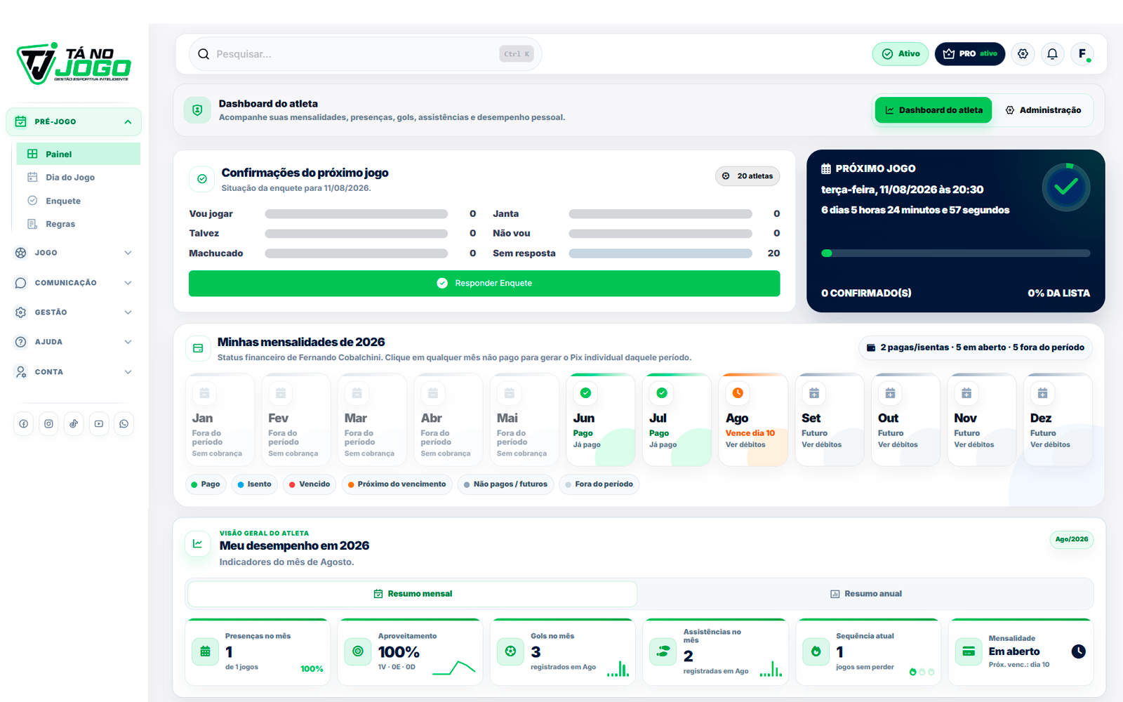 Plataforma para equipes e atletas de futebol